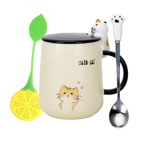 XinHuiGY Tasse de chat,Tasse à café mignonne en céramique,avec couvercle en forme de chat 3D et cuillère,pour thé, lait, chocolat chaud, cadeau pour Noël, anniversaire pour filles et femmes (Jaune)