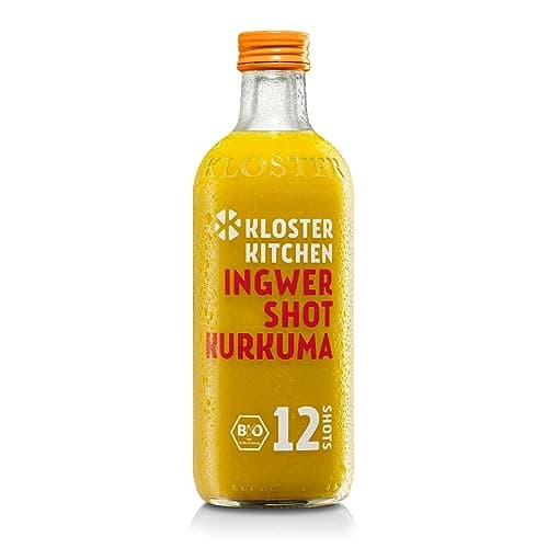 Kloster Kitchen Bio gingembre Shot curcuma, 12 SHOTS à 360 ml avec morceaux de gingembre, Shots de gingembre au curcuma en bouteille en verre, végétalien (incl. 0,25€ de caution consigne)