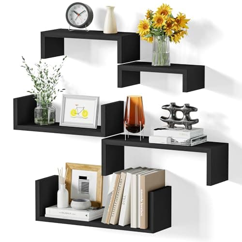 SRIWATANA Etagere Murale Noir Lot de 5, Étagère Murales Bois Suspendue, Etagere Flottante de Rangement, DIY Déco Tablette Flottante pour Salon Chambre Bureau Salle de Bains, Cuisine, Charge Max.40kg