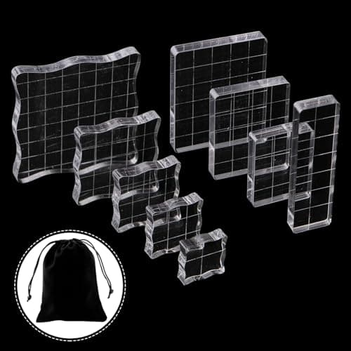 Rebanky 9 Pièces Bloc Tampon Acrylique Transparent Tampon Acrylique Scrapbooking Bloc de Tampon Positionnement avec Lignes de Grille et Sac de Rangement pour Scrapbooking Bricolage Album(9 Tailles)