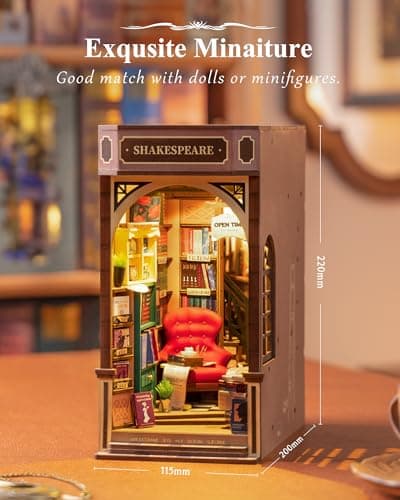Rolife Book Nook Kit Shakespeare's Bookstore Booknook Construire Adult Serre-Livre Décoration de la Chambre Noël Anniversaire Cadeaux pour Filles Femme Toucher LED Lumières 194 Pcs (TGB07)