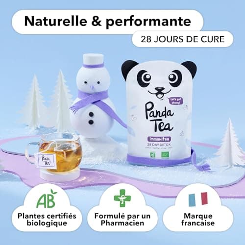 Panda Tea Thé Vert Immunitea | 28 Sachets Coton Bio | Renforce Défenses Naturelles | Gingembre, Menthe Poivrée, Sauge,Eucalyptus | Thé Défense Naturelle