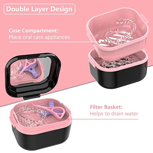 BVN Boite de Nettoyage pour Prothèses: Boite de Bain Pour Dentier, Dentier Boite Appareil Dentaire, Boite Gouttiere Dentaire Orthodontique, Boite Porte Etui Prothese Dentaire Adulte Enfant Noir