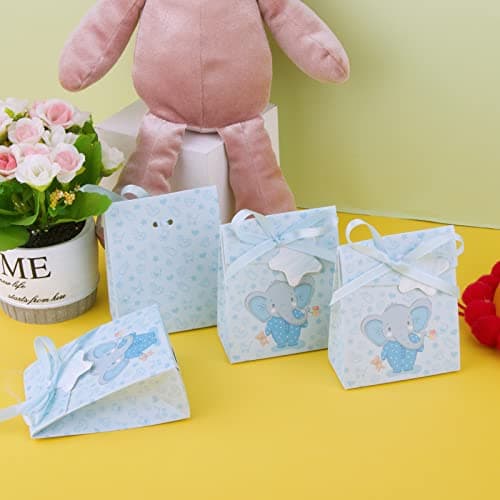 50Pcs Eléphant Sachets Anniversaire Douche Bébé Boîte à Dragées Bonbons Baptême Pochettes Cadeau Bonbonnière Bleu avec Etiquettes à Cordes pour Enfant Fête Communion Baby Shower Mariage