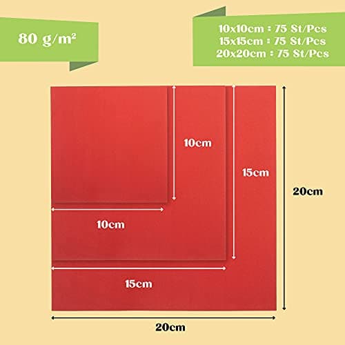 Tritart Origami Papier rouge | 225 feuilles de papier pliable double face origami rouge | Lot de papier de bricolage 80 g/m2 | 75 feuilles 20 x 20 cm et 15 x 15 cm et 10 x 10 cm (rouge)