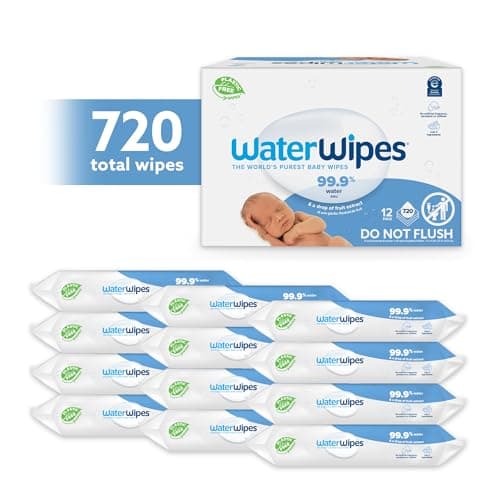 WaterWipes Lingettes Bébés Originales Exemptes De Plastique, 720 Unités (12 Paquets), Lingettes à Base d'Eau à 99,9 %, Non Parfumées pour les Peaux Sensibles