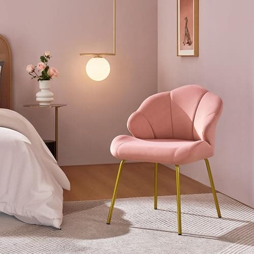 Yaheetech Fauteuil de Salon Moderne, Design Coquillage, Chaise de Chambre à Coucher Confortable, Rembourré, Ergonomique, Fauteuil en Velours avec Dossier, Pieds en Métal Plaqué Or, Rose