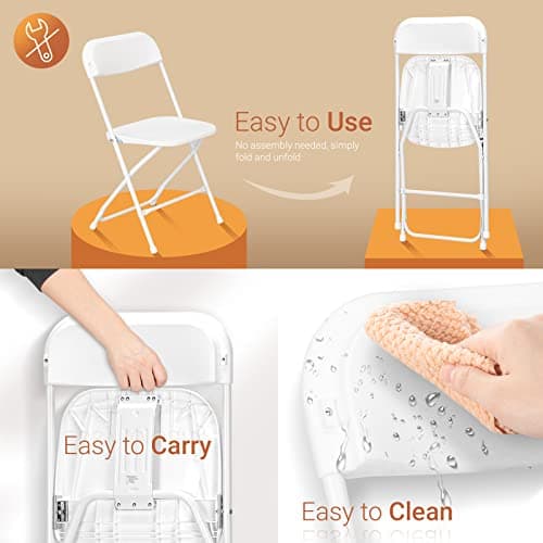 LEADZM Lot de 6 Chaises Pliantes en Plastique, Chaises de Salle à Manger Portables, Structure en Acier Métallique,158 KG, Adaptées aux Fêtes, Mariages, Pique-Niques, Intérieur Extérieur Blanc