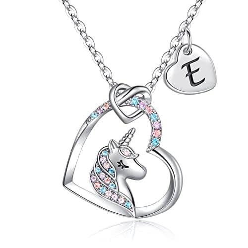 TINGN Collier de Cadeau de Licorne de Coeur pour des Fille, Collier de Licorne de Coeur Plaquée par Or Blanc 14K avec la Lettre E Cadeaux de Licorne Collier pour la Petite Fille Filles Bijoux
