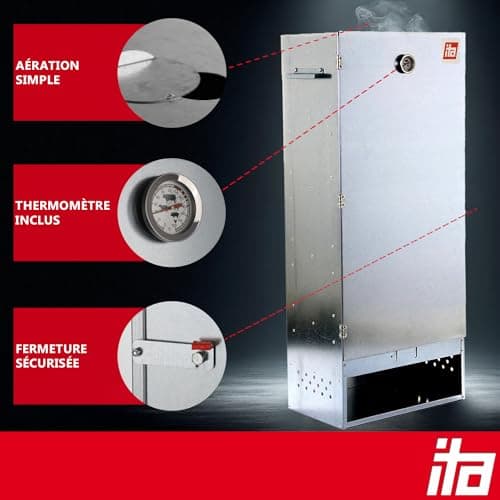 ITA Fumoir 7004 111x29x47 cm - Armoire de fumage premium avec thermomètre et accessoires - Métal galvanisé, Résistant à la corrosion, Durable - Fumoir pour viande, poisson, fromage