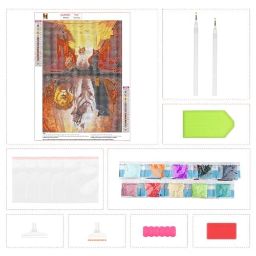 AIRDEA 5D Bricolage Réflexion de Trois Chats Diamond Painting, DIY Broderie Diamant Painting Kit Complet, Peinture Diamant Artisanat Strass Point de Croix Painting pour Adultes 30x40cm