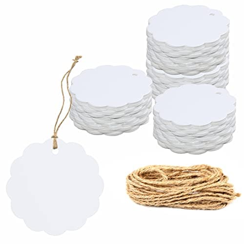 200 étiquettes-cadeaux Kraft Blanc festonnée avec 30 mètres de ficelle de jute naturelle pour l’emballage d’artisanat (6 cm de diamètre)