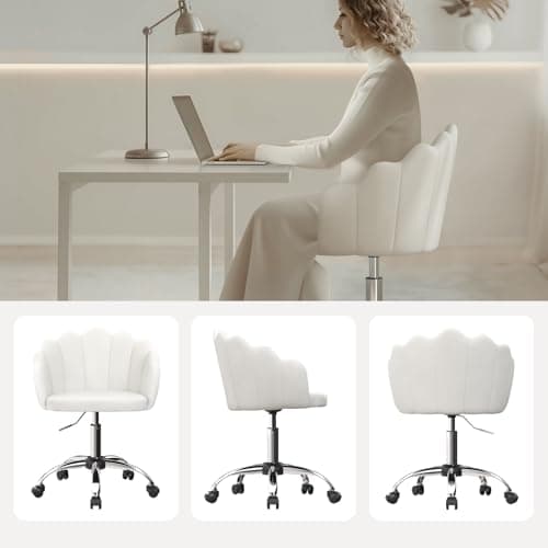 WOLTU Chaise Bureau, Chaise Coiffeuse, avec Dossier en Pétale, Fauteuil Coquillage, Chaise de Bureau Ergonomique, Chaise Velours Pivotante, Hauteur Réglable, Cadre en Métal, Crème Blanc BS152cm