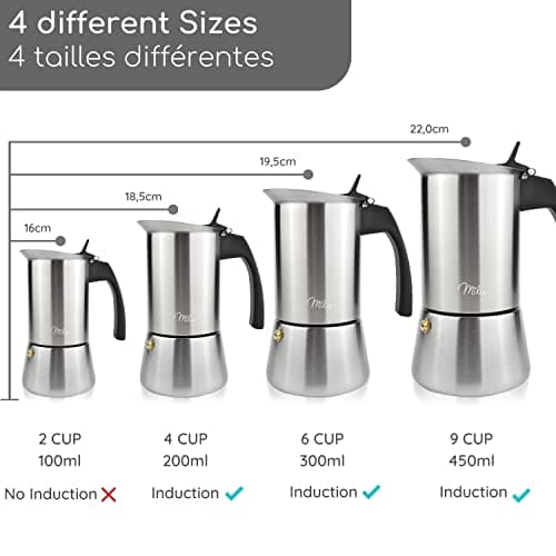Milu cafetière Italienne Induction | 2, 4, 6, 9 Tasses | Cafetière Moka en INOX, Espresso Maker Acier Inoxydable, Ensemble comprenant un sous-verre, une cuillère, un pinceau (6 tasses 300ml)