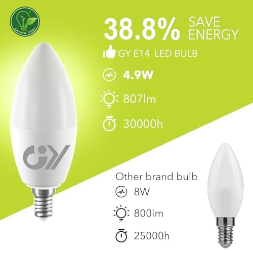 GY Ampoule LED E14 4,9W (équivalent 60W), 807 lumens 3000K Blanc Chaud, C37 Ampoule E14 Efficacité Energétique, E14 LED Non-Dimmable, Lot de 6