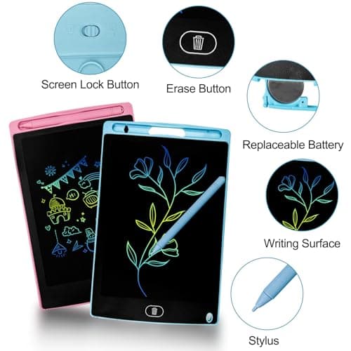 Fousenuk 2 Pièces 8,5 Pouces Tablette Dessin Enfant, Tablette Dessin LCD Magique avec Fonction de Verrouillage, Tablette d'écriture LCD Colorée Effaçable Et réutilisables pour filles Garçons Rose Bleu