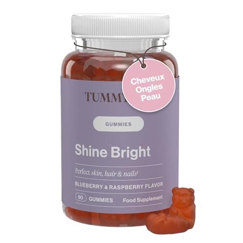 Shine Bright Gummies Pousse Cheveux | Vitamines pour la peau, les cheveux et ongles | Biotin, Acide Folique, Vitamine B6, B12 | 60 Gummies | Tummy Tox