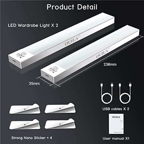 OUILA Lampe d'Armoire 36 LED, Rechargeable USB Sans Fil LED Lampe de Placard à Détecteur de Mouvement, Éclairage à LED étude de Cuisine Veilleuse Escalier Couloir (2 Pack)
