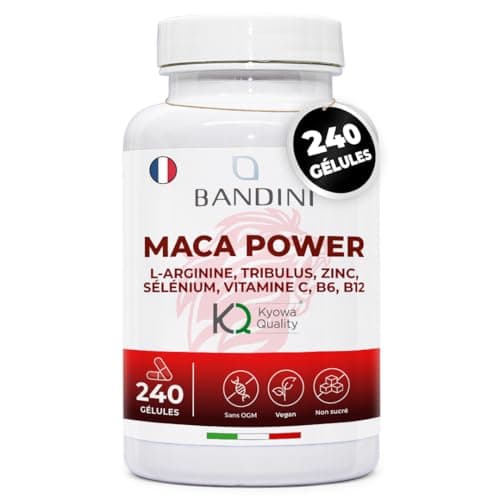 Bandini® MACA POWER 240 Gélules - Maca noire enrichi avec Arginine Kyowa® + Tribulus + Vitamine C + Zinc + B6 + B12 + Sélénium - Anti-stress, augmente Endurance et Énergie - 100% Vegan
