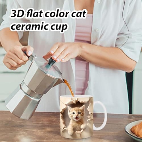 Povanjer Tasses À Café pour Chat,Tasse À Thé en Céramique pour Chat Effet 3D -Tasse De Voyage Chat Mignon Accessoire De Bureau Drôle Et Créatif pour Eau Chaude Eau Froide Café Lait