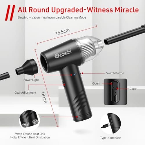 Reesibi 3 en 1 Portable Aspirateur et Souffleur Air Comprimé, 3 Vitesses 110000 RPM Dépoussiérants Puissants électrique, 10Kpa Mini aspirateur pour PC Nettoyage, Clavier,Voiture, Canapé, Maison