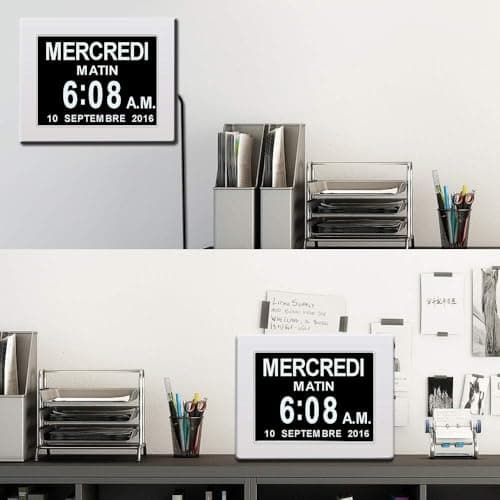 XAYKEN 7" Pouce LCD Horloge Numérique Calendrier avec Date Jour Et Heure Non-Abrégée Auto Dimming 8 Langues HD Display Rappel pour Alzheimer Les Personnes âgées et Les Enfants Noir