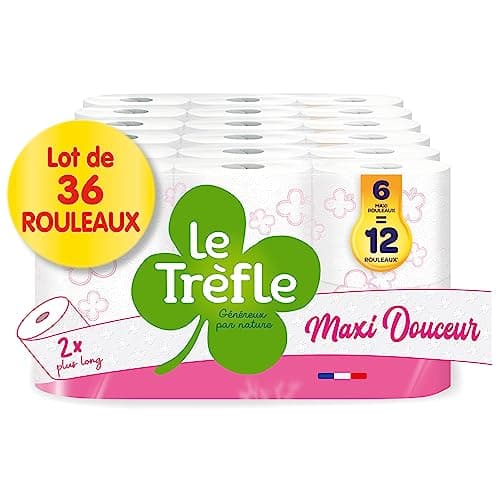 Le Trèfle Maxi Douceur - Papier toilette - 36 Maxi Rouleaux - 72 Rouleaux Classiques – Double épaisseur – Emballage 80 pourcent Plastique Recyclé