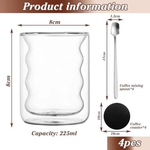 BORDEAG 4pcs Tasse À Café Double Paroi, Tasses À Café À Double Paroi, Tasses À Expresso Verre Double Paroi Avec 4 Cuillères Et 4 Sous-Verres Pour Café Thé Cappuccino Au Lait Bière Expresso 225ml