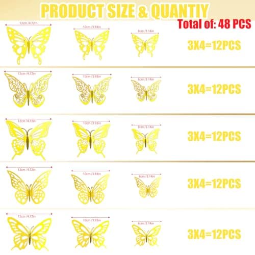 60 Pièces Papillon Décorations,Stickers Muraux de Papillons 3D,Autocollants muraux de Papillons Doré Pour Chambre,Salon,Gâteau,fête,mariage