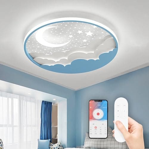 Plafonnier LED Chambre Enfant, Moderne Créative Étoile Et Lune Lampe De Plafond, Lampe Plafond avec Dimmable Télécommande 3000-6000K, Garçons Et Filles Chambre Enfants Lumière Éclairage, Bleu