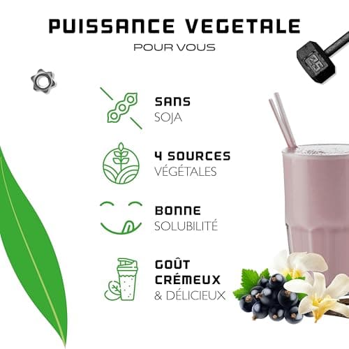 Poudre de protéine végétalienne - Protéine végétale de pois, riz, amande et chanvre - Sans soja - Délicieuse & crémeuse - (750 g, Vanille Cassis)