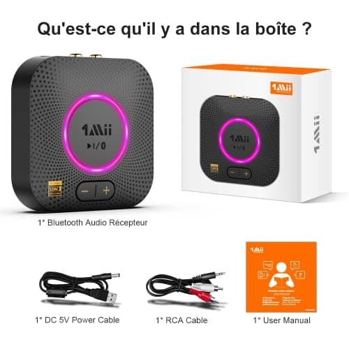 1Mii B06S+ LDAC Recepteur Bluetooth 5.2 pour la Musique Haute Résolution Stéréo à Domicile, Adaptateur Audio sans Fil Hi-FI avec aptX HD/Faible Latence, Recepteur de Contrôle du Volume Longue Portée