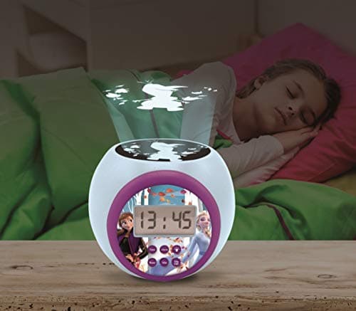 Lexibook Réveil projecteur Disney La Reine des Neiges 2 Anna Elsa avec fonction alarme et répétition snooze, veilleuse avec minuterie, écran LCD, à piles, bleu/violet, RL977FZ