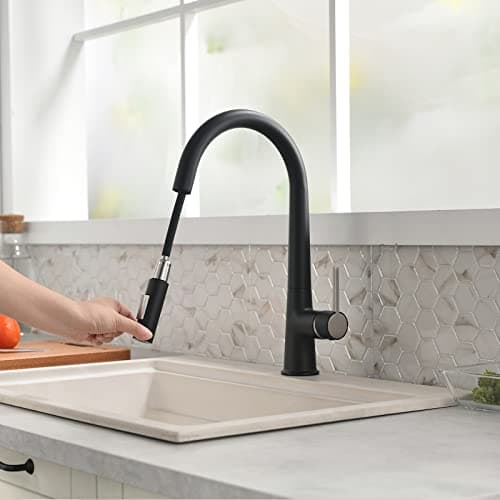 TIMACO Robinet de cuisine noir haute pression extensible pivotant à 360 °, mitigeur de cuisine avec douchette, deux motifs d'écoulement