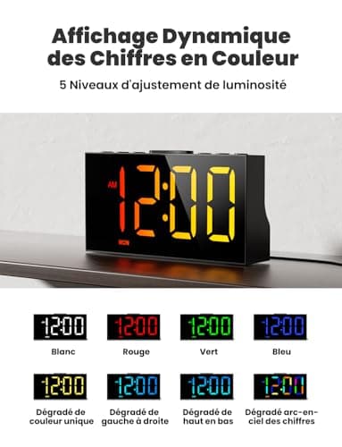 LIORQUE Réveil Numérique, Reveil Ado avec 4 Couleurs Dégradées et 4 Couleurs Fixes, 4 Modes D'alarme, 2 Alarmes, Réglage de La Luminosité, Snooze, 12/24 H, Port USB, Noir