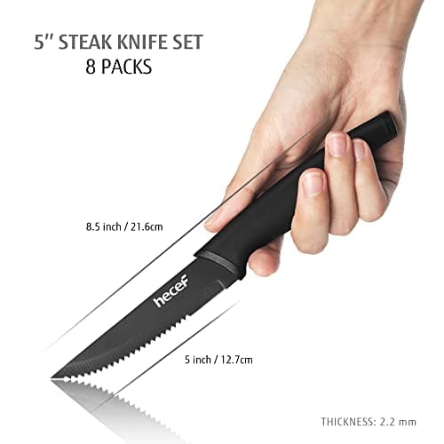 hecef Couteaux à Steak, 8 Pièces Couteaux de Table Aiguisés et Dentelés avec Manche Ergonomique, Set de Couteaux en Oxyde Noir, Couteau Viande en Acier Inoxydable, 12.7cm