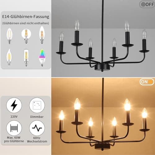 QAREHL Lustre Salon Moderne 6 Lumières Suspension Luminaire Industrielle, Lustre Noir Salle a Manger Cuisine Chambre, Ampoule E14