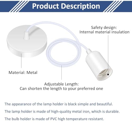 Caldarax Lot de 2 Suspension E27 en Métal, Câble Réglable 100CM, E27 Porte Lampe Suspension, E27 Pendentif Suspendues Accessoires, pour Éclairage au Plafond Salon, Chambre(Blanc)