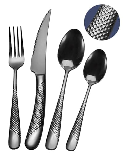 SHEUMNT couverts de table 24 pieces martelées Moderne noirs avec couteau dentelé 2 en 1 ultra tranchant, menagere inox 6 personnes, couvert plaqu titane noires couteaux, fourchettes, cuillères