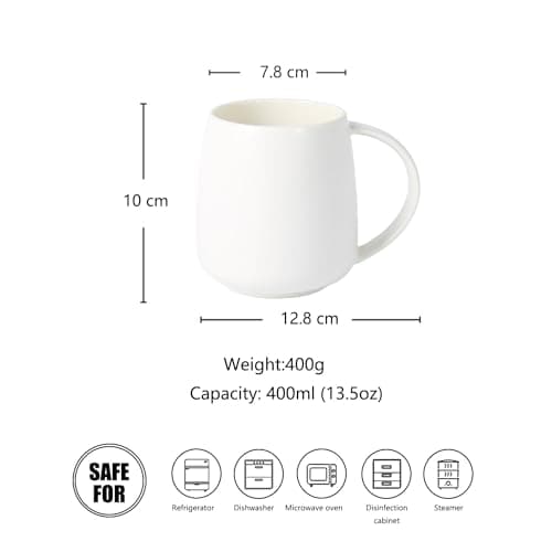 TREEWOO Tasses classiques en céramique de grande capacité 400 ml avec finition mate nordique avec poignée pour la maison, le bureau, hommes et femmes (blanc)