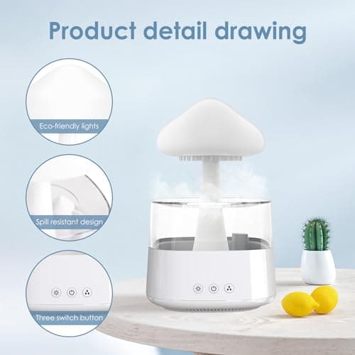 Humidificateur de Pluie Nuageuse, Diffuseur d'Huile Essentielle 7 Couleurs Changeantes LED Nightlight Champignon Humidificateur 3 Modes à Distance Goutte à Goutte (Blanc)