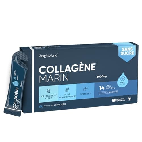 Collagène Marin Hydrolysé Liquide 5000mg/Dose + Acide Hyaluronique & Vitamine C - Immunité, Beauté, Peau & Articulations - Collagène Marin Peptide Type 1 Goût Fruité 420ml (14 Sachets x 30ml)