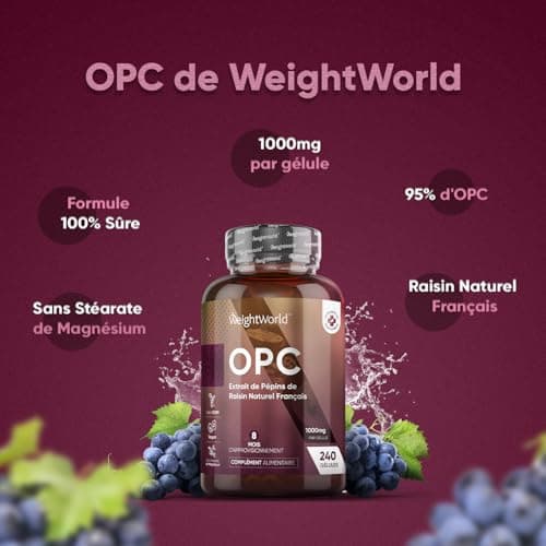 OPC Extrait de Pépins de Raisin Naturel Français 1000mg (French Grapeseed Extract) - 240 Gélules Vegan (8 Mois) - 95% OPC Forte (Vitis vinifera L.) - Polyphénols Concentré Avec Antioxydant Puissant