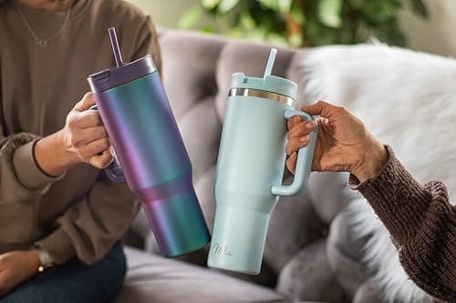 Milu Gobelet thermique 1200ml avec paille & anse, 24h glacé / 12h chaud Tumbler 40oz en acier inoxydable avec poignée, isolant bouteille to go (Morning Blue, 1200ml)