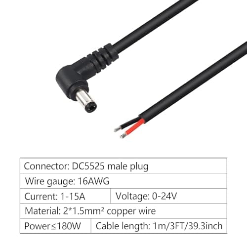 GINTOOYUN 2-Pack 90 degrés DC câble de queue d'alimentation, angle droit DC 5,5 mm x 2,5 mm mâle plug à fil nu cordon de réparation ouvert de remplacement d'alimentation pour moniteur,3ft 1m(DC5525)