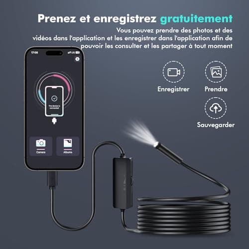 Lovcoyo Endoscopique Caméra d'inspection de Serpent 1920P, 3 en 1 USB Camera Endoscopique, Endoscopique Type C de portée avec 8 lumières LED pour Smartphone Android et iOS, iphone, iPad, (16,5 FT/5M)