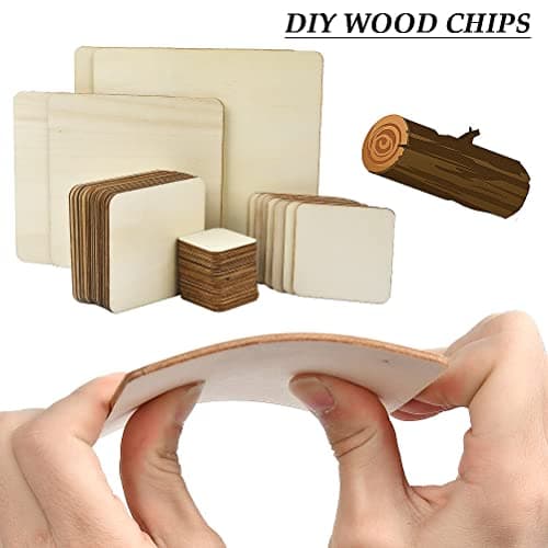 Lot de 49 carrés en bois non traité, 5 tailles de plaques de bois naturel vierges, pour bricolage, loisirs créatifs, pyrographie, art sculpté, dessous de verre, peinture, décoration