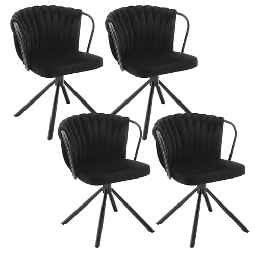 WOLTU Chaise de Salle à Manger Pivotante Lot de 4, Fauteuil Rembourré avec Dossier Tressé et Pieds en Métal, Chaise Scandinave, en Velours,Noir,EZS72sz-4