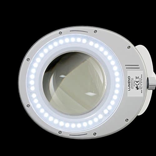 Lumeno 8213GR LED Lampe loupe pour poste de travail Lampe cosmétique, intensité lumineuse réglable, lentille en verre cristallin de 127 mm, aide à la lecture/loupe, 3 dioptries avec pied à roulettes