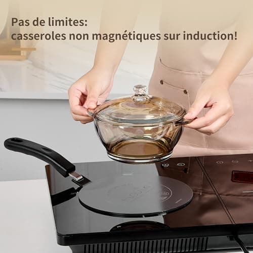 Plaque Adaptateur Induction Ø24cm avec Poignée Amovible, Diffuseur de Chaleur pour Casseroles Non-Inductives, Compatible Induction, Gaz & Électrique. Noir sans Décoloration
